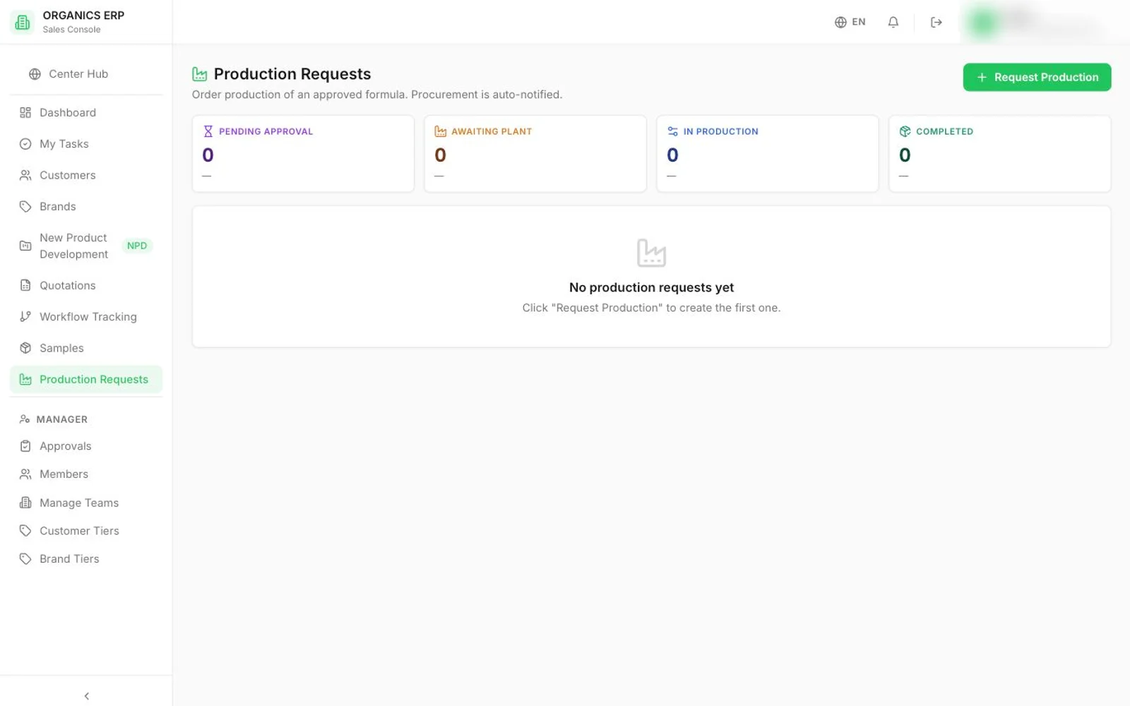 ORGANICS ERP — Full purchasing cycle: PR → RFQ → PO → GR
