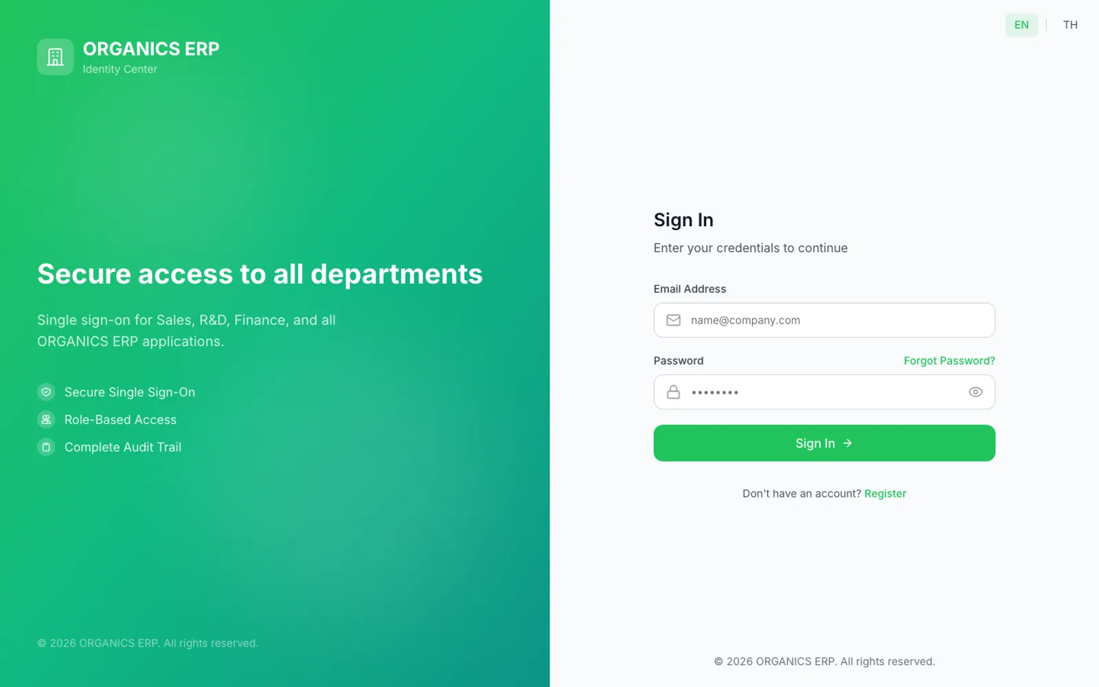 ORGANICS ERP — Single sign-on with role- and department-based permissions